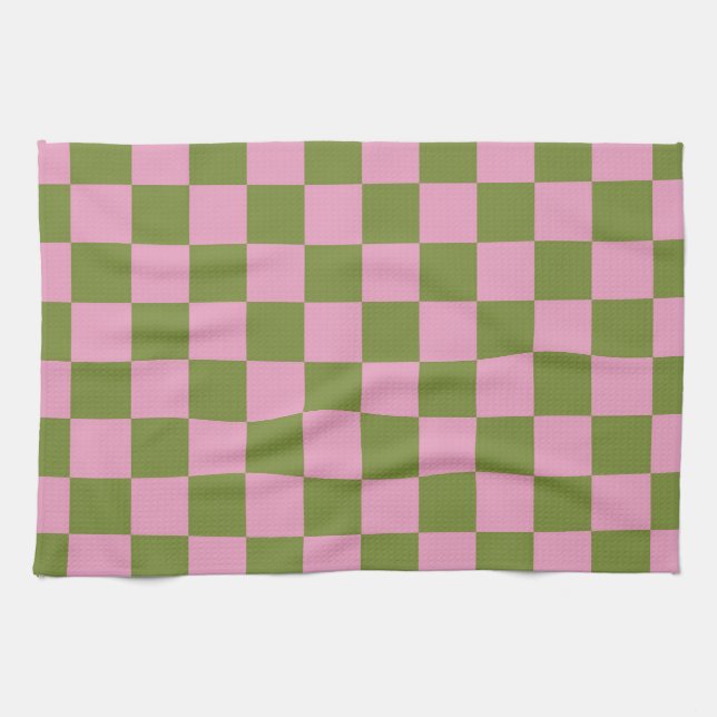 Pink Green Chequered Gingham Pattern Tea Towel (Horizontal)