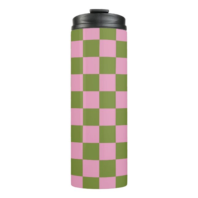 Pink Green Chequered Gingham Pattern Thermal Tumbler (Front)