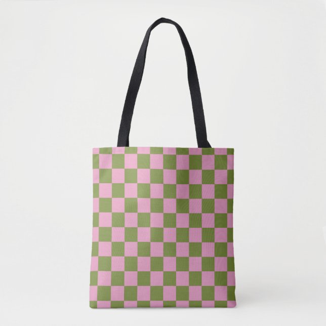 Pink Green Chequered Gingham Pattern Tote Bag (Front)