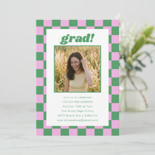 Pink Green Chequered Photo Grad Graduation Party Invitation