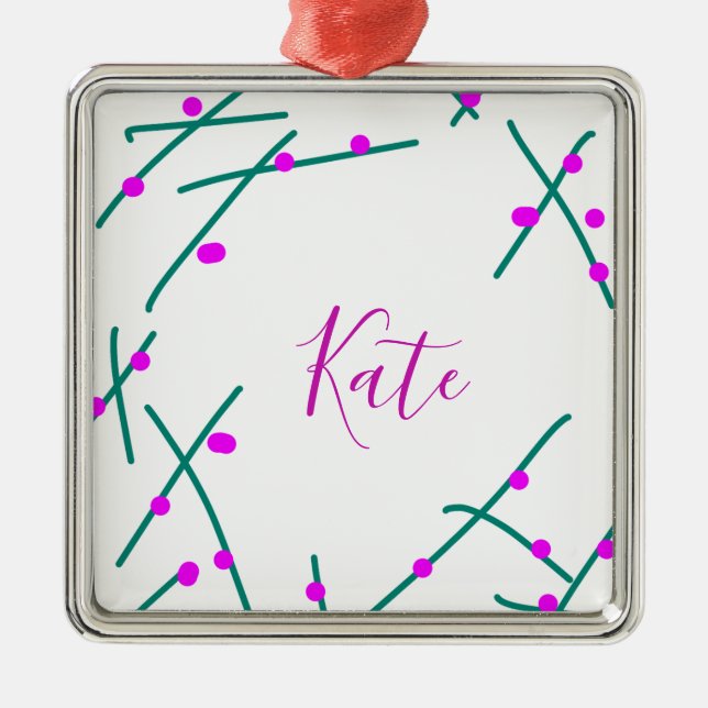 Pink green cherry tree name boho retro rustic bold metal ornament (Front)