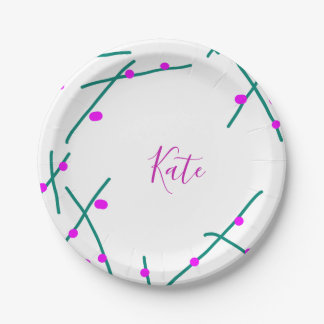 Pink green cherry tree name boho retro rustic bold paper plate