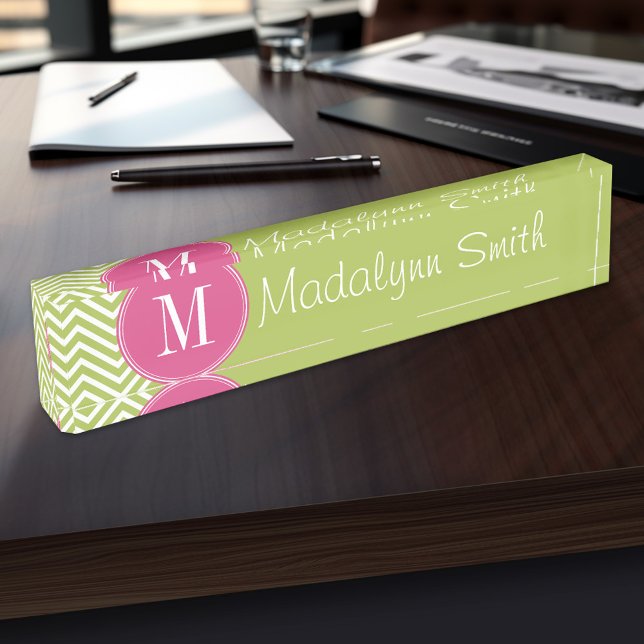 Pink & Green Chevron Pattern with Monogram Nameplate (Personalized Name Plate for the Office, School or Home)