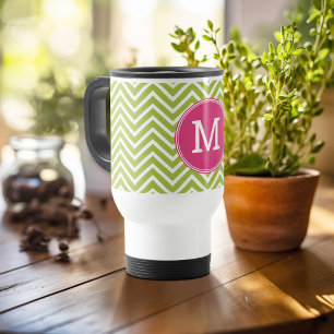 Pink & Green Chevron Pattern with Monogram Travel Mug