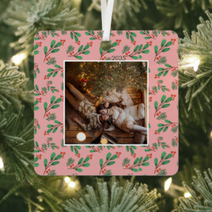 Pink & Green Christmas Floral Frame Photo Metal Tree Decoration