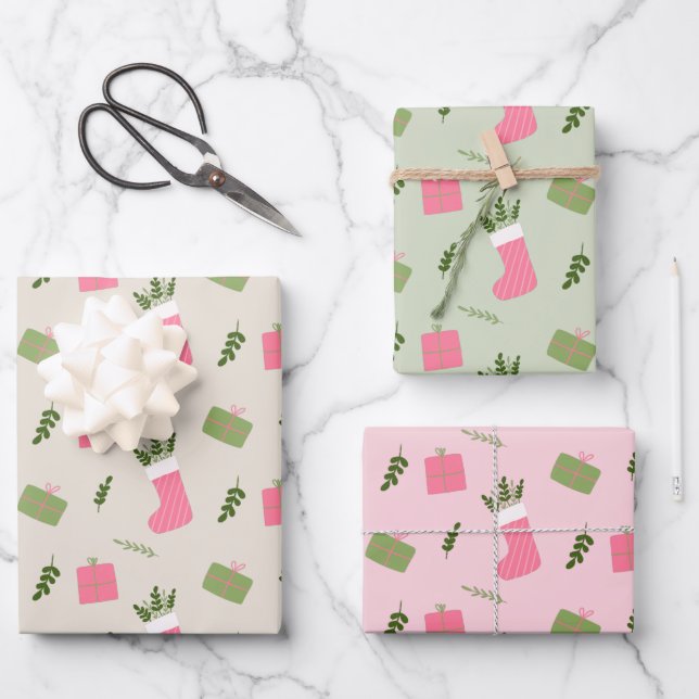 Pink Green Christmas Gift Stocking Pattern Multi Wrapping Paper Sheet (Front)