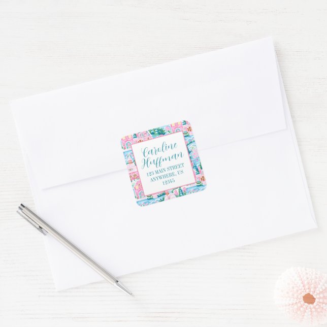 Pink & Green Christmas Gingerbread Return Address Square Sticker (Envelope)