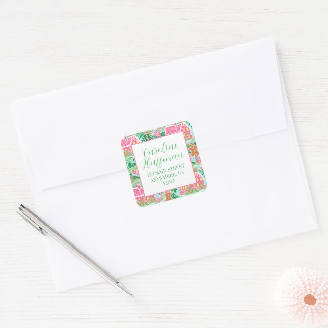 Pink & Green Christmas Gingerbread Return Address Square Sticker (Envelope)
