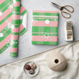 Pink Green Christmas Plaid Lovely Snowflakes Wrapping Paper