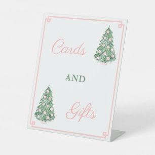 Pink & Green Christmas Tree Cards And Gifts Party Pedestal Sign