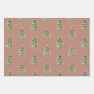 Pink Green Christmas Trees Bow Gift Wrapping Paper