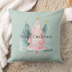 Pink Green Christmas Trees Gold Stars Cushion