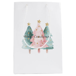 Pink Green Christmas Trees Gold Stars Medium Gift Bag