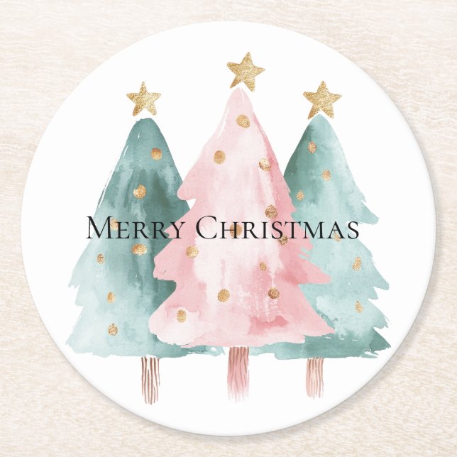 Pink Green Christmas Trees Gold Stars Round Paper Coaster (Front)
