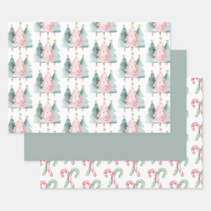 Pink Green Christmas Trees Gold Stars Wrapping Paper Sheet