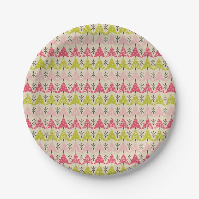 Pink & green Christmas trees Paper Plate (Front)