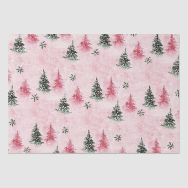 Pink Green Christmas Trees Tissue Paper (Front)