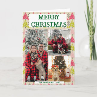 Pink & green Christmas trees with snowflakes Card
