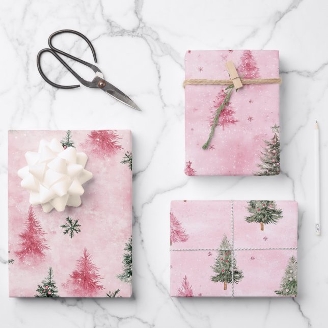 Pink Green Christmas Trees Wrapping Paper Sheet (Front)
