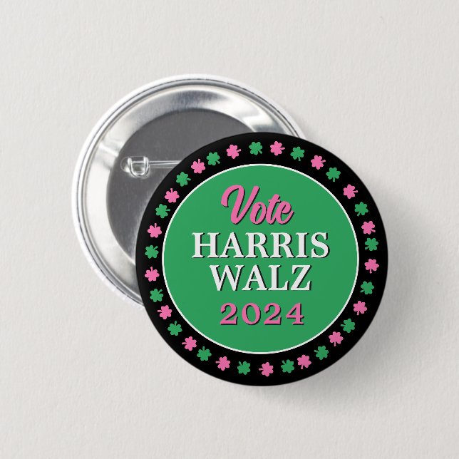 Pink Green Clover 2024 Vote Harris Walz 6 Cm Round Badge (Front & Back)