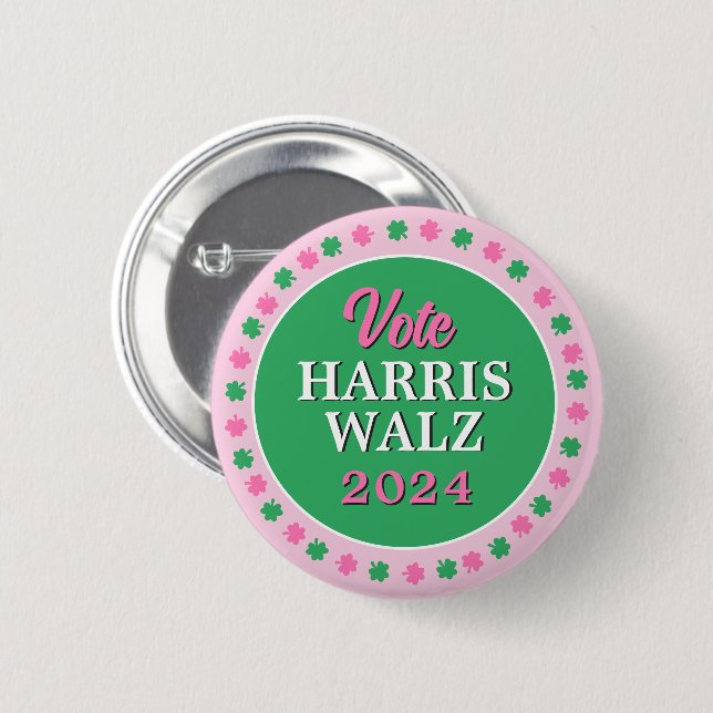 Pink Green Clover 2024 Vote Harris Walz 6 Cm Round Badge (Front & Back)