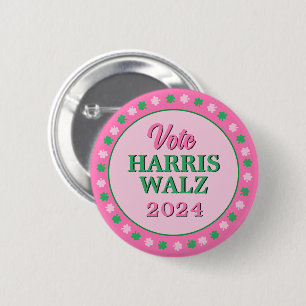 Pink Green Clover 2024 Vote Harris Walz 6 Cm Round Badge