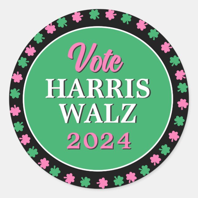 Pink Green Clover 2024 Vote Harris Walz Classic Round Sticker (Front)