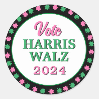 Pink Green Clover 2024 Vote Harris Walz Classic Round Sticker