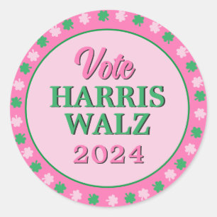 Pink Green Clover 2024 Vote Harris Walz Classic Round Sticker