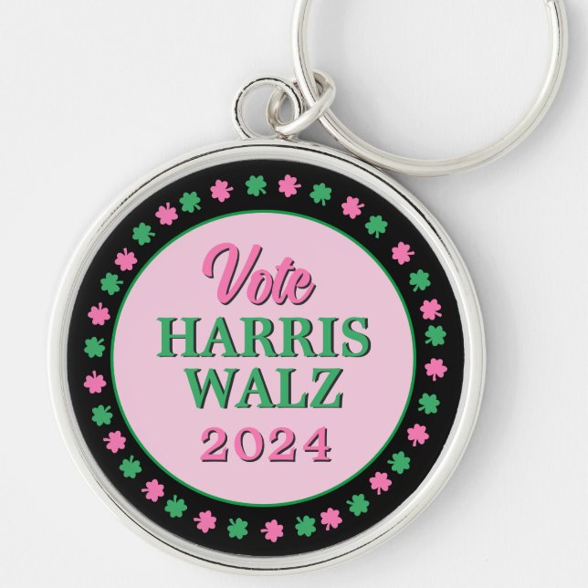 Pink Green Clover 2024 Vote Harris Walz Key Ring (Front)