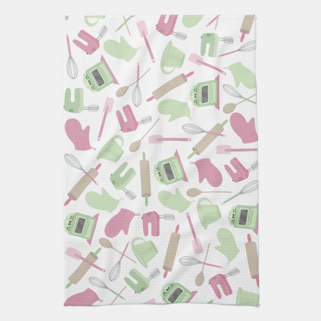 Pink & Green Cooking Themed Kitchen Towel (Vertical)