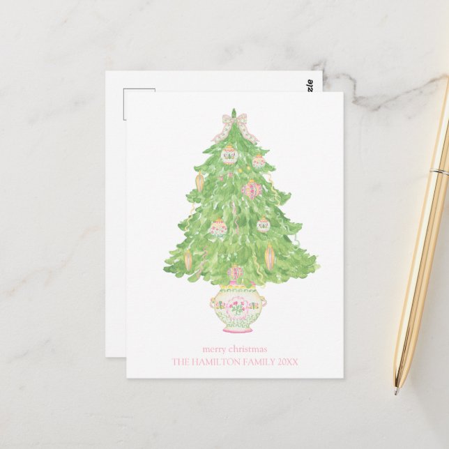 Pink & Green Coquette Bow Preppy Christmas Postcard (Front/Back In Situ)