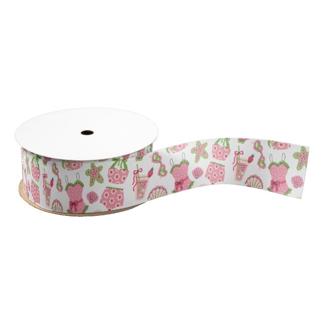 Pink & Green Coquette Summer Beach Vacation Grosgrain Ribbon (Spool)