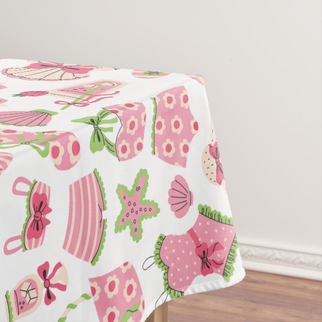 Pink & Green Coquette Summer Beach Vacation Tablecloth (In Situ)