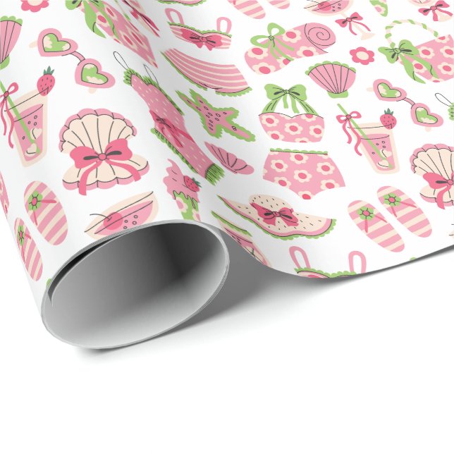 Pink & Green Coquette Summer Beach Vacation Wrapping Paper (Roll Corner)