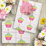 Pink Green Cupcakes 50th Birthday  Wrapping Paper Sheet<br><div class="desc">A whimsically delicious lime frosted cupcake in pink paper wrapper with the age 50 on it. Happy birthday typography also in pink accompanies each candle on a white background.</div>