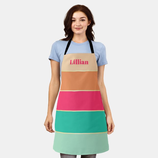 Pink Green Custom Summer Colour Block Stripes Apron (Worn)