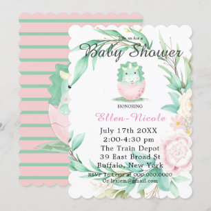 Pink Green Cute Dinosaur Peony Baby Shower Invites