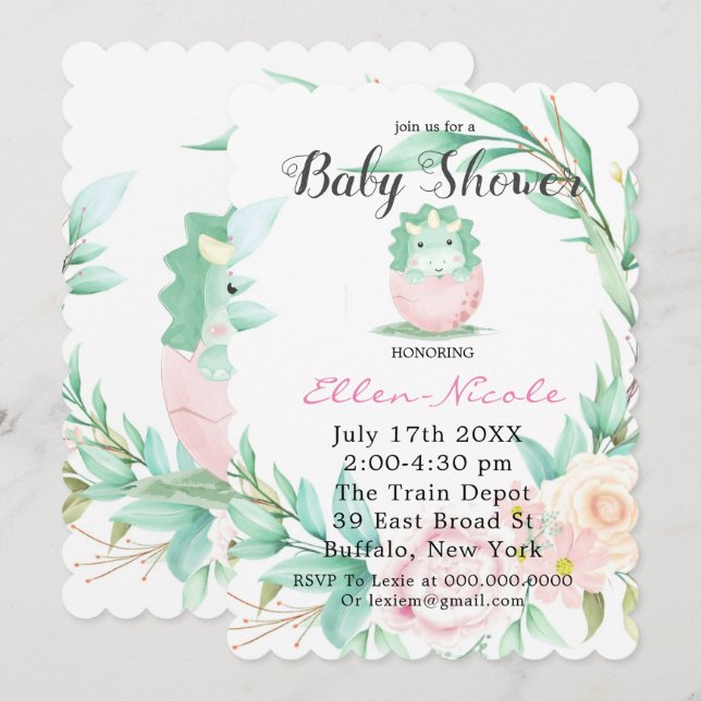 Pink Green Cute Dinosaur Peony Baby Shower Invites (Front/Back)