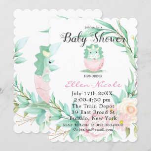 Pink Green Cute Dinosaur Peony Baby Shower Invites