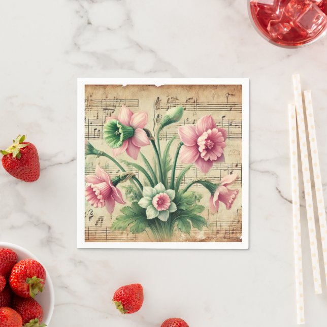 Pink & Green Daffodils Vintage Music Découpage Napkin (Insitu)