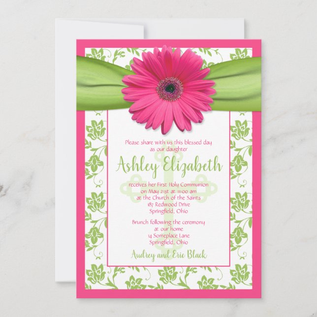 Pink Green Daisy Damask First Communion Invitation (Front)