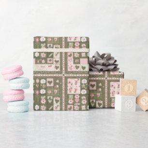 Pink & Green Daisy Floral & Heart Quilt Pattern Wrapping Paper
