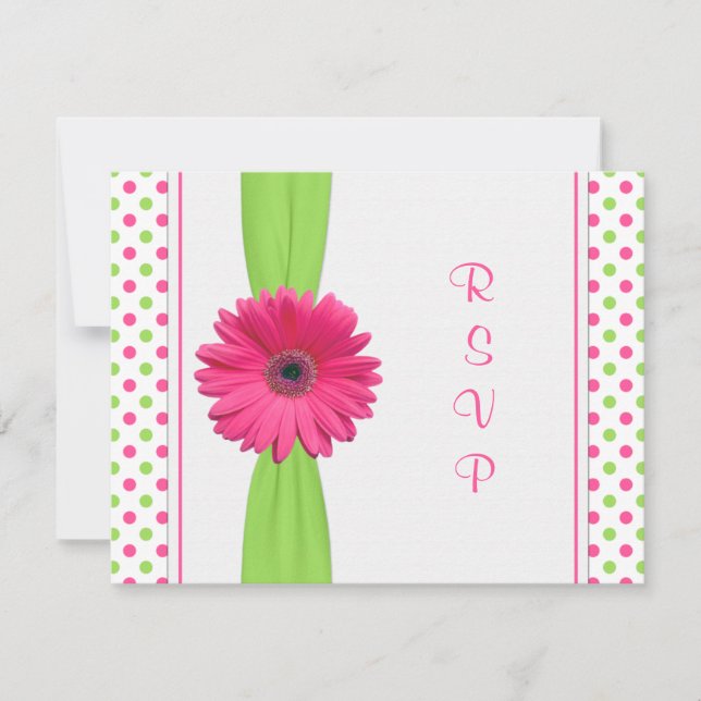 Pink Green Daisy Polka Dot Bat Mitzvah RSVP Card (Front)