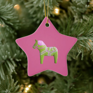 Pink & Green Dala Horse  Star Ornament