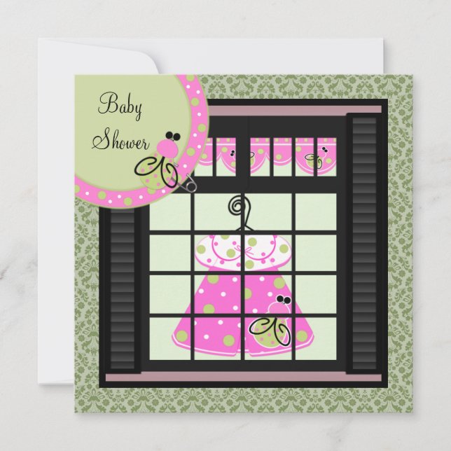 Pink Green Damask Baby Girl Shower Invitations (Front)