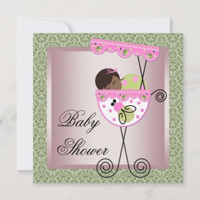 Pink Green Damask Baby Girl Shower Invitations (Front)
