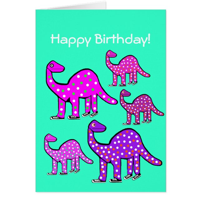 Pink & Green Dinosaur Cartoon Birthday Card Gift (Front)