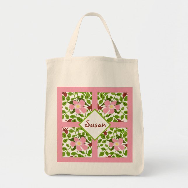 Pink Green Dogwood Hand-Painted Spring Flower Tote Bag (Front)
