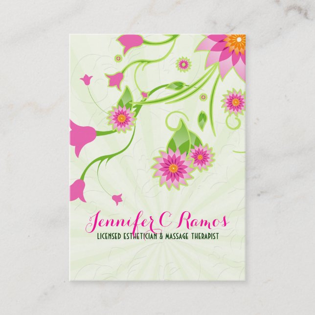 Pink & Green Elegant Floral Design Business Card (Front)